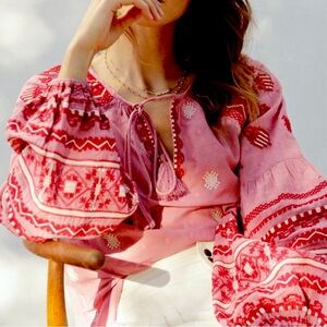 Anthropologie Pink and Red Embroidered Blouse